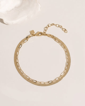 Two-layer gold anklet set combining flat herringbone chain and paperclip link chain, detail view