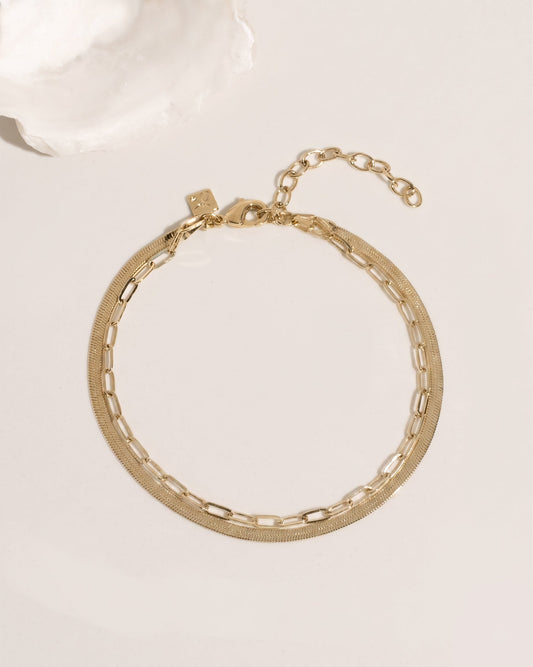 Two-layer gold anklet set combining flat herringbone chain and paperclip link chain, detail view